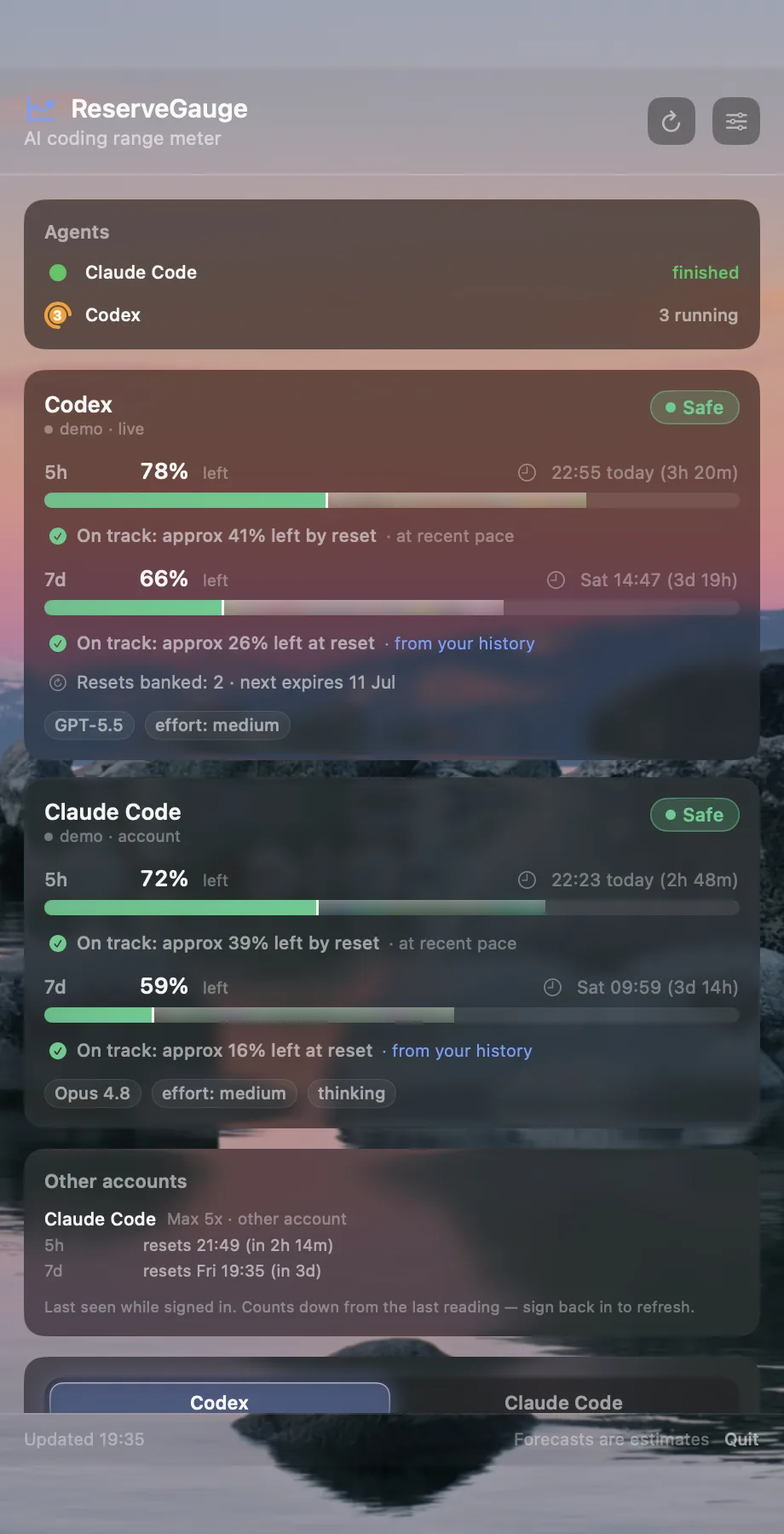 The ReserveGauge popover over a Mac desktop: a live agents panel showing Codex and Claude Code activity, plus usage gauges and forecasts